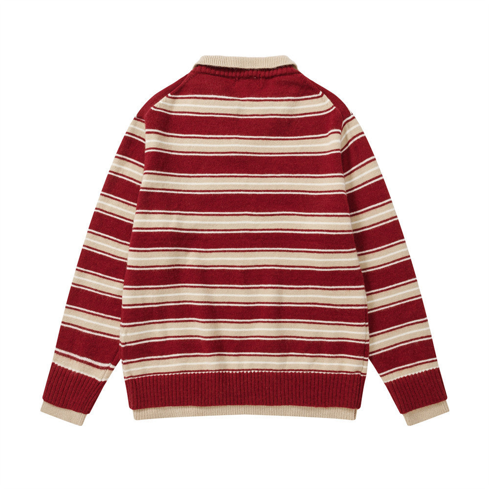 Color blocking striped fake two-piece spliced lapel sweater