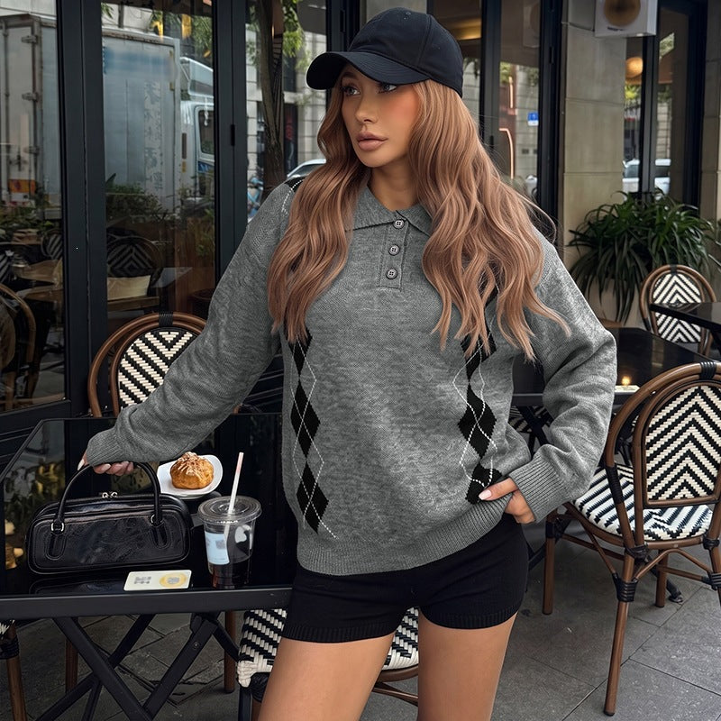 Loose diamond grid Polo collar sweater