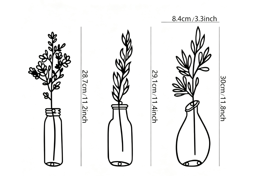 Three piece metal flower wall decoration flower black flower bottle minimalist art wall decoration living room bathroom home bed
