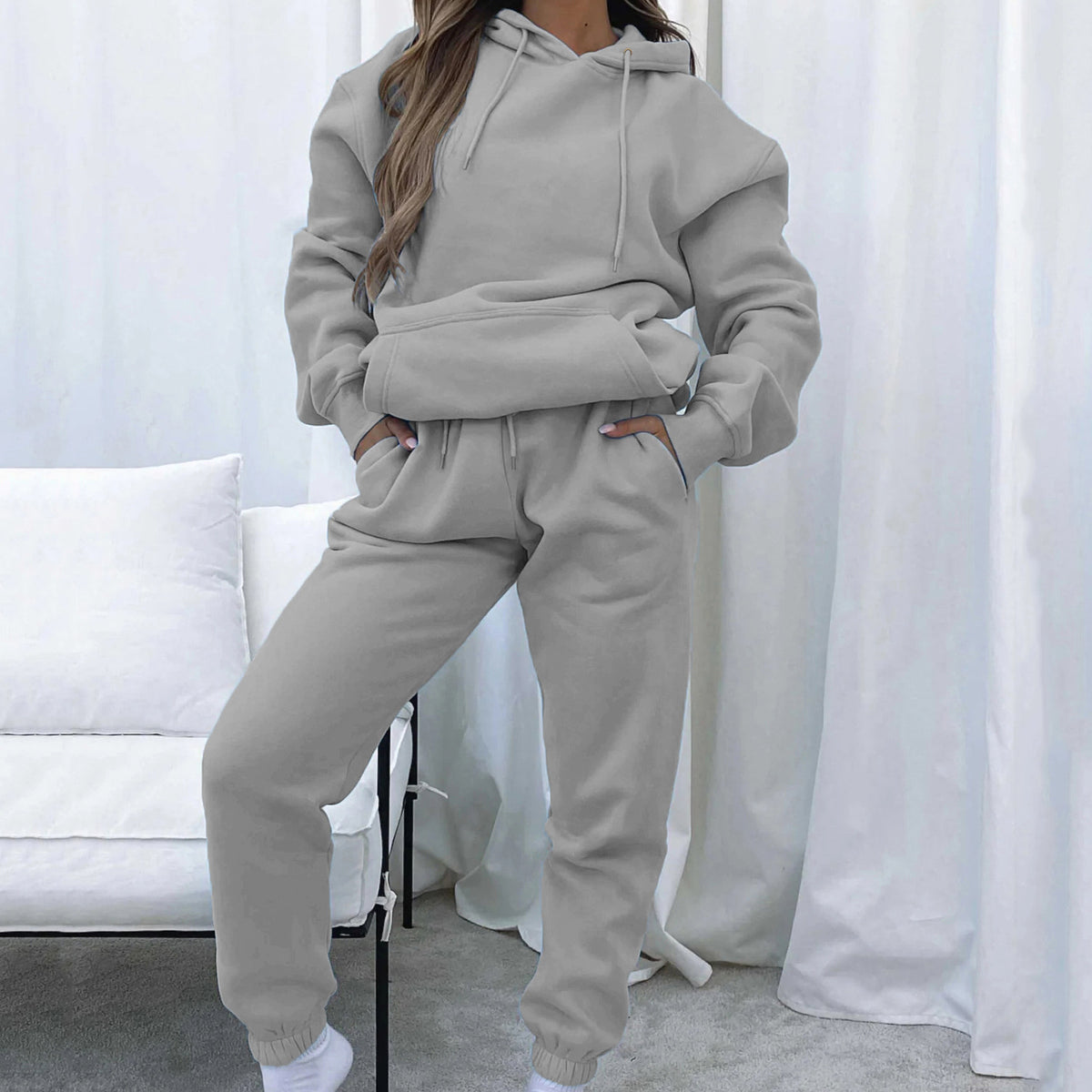 Solid Color Hooded Pullover Long Pants Women's Urban Casual Pocket Long Sleeve Sweatshirt Set