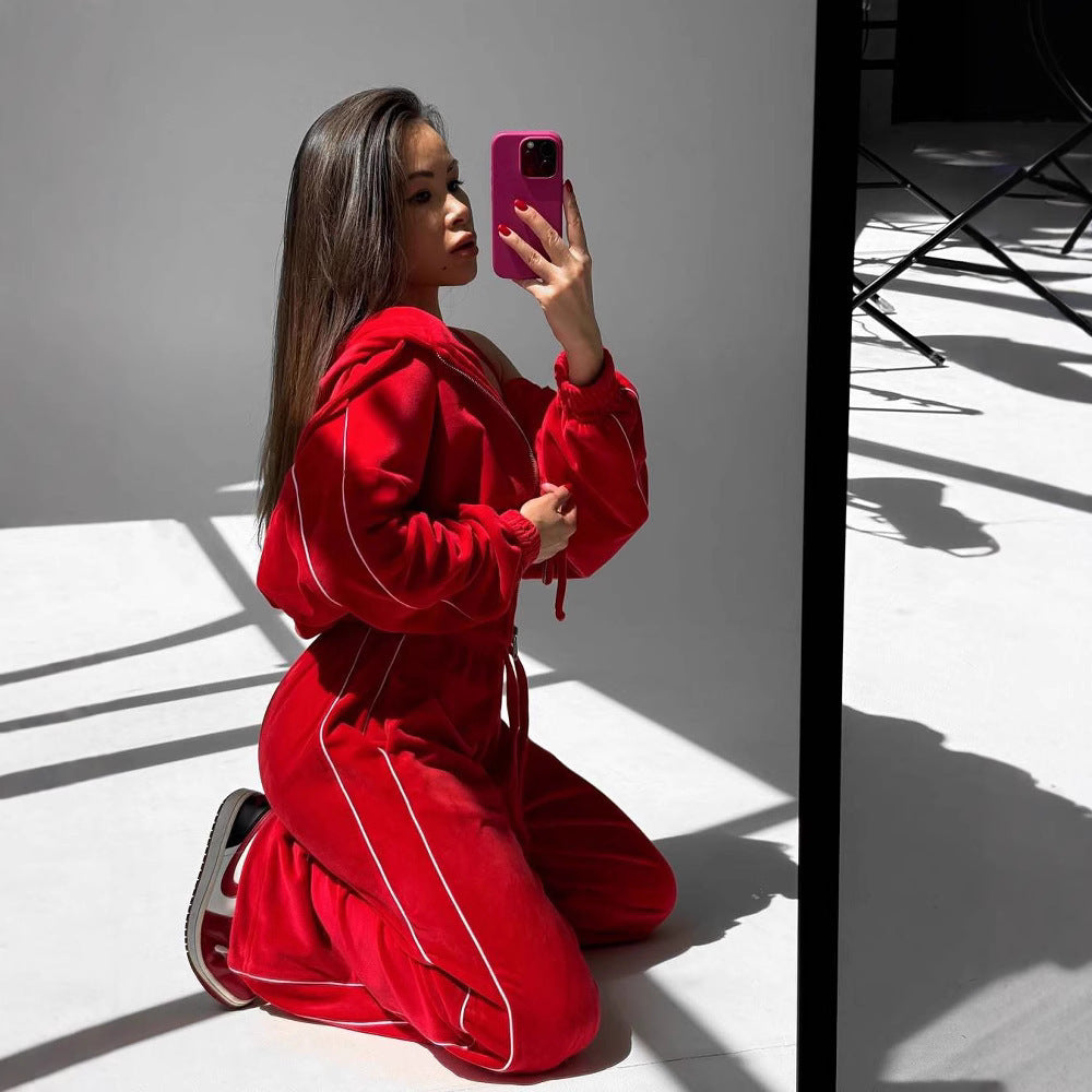 Set with Stripe Hooded Zip-Up Jacket and Tie-Waist Wide-Leg Pants for Women