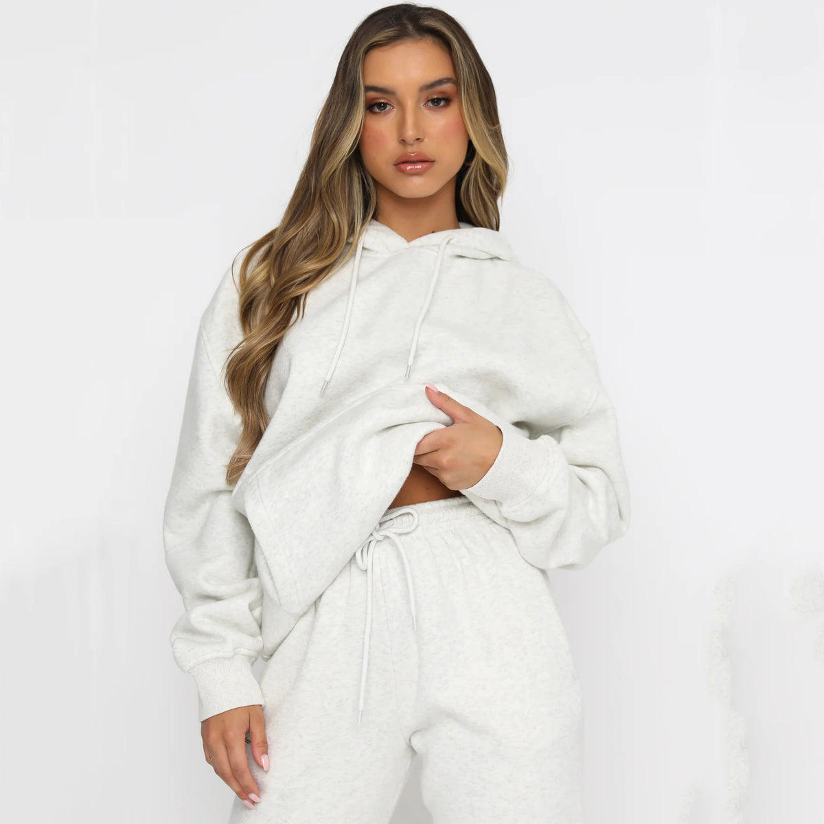 Solid Color Hooded Pullover Long Pants Women's Urban Casual Pocket Long Sleeve Sweatshirt Set