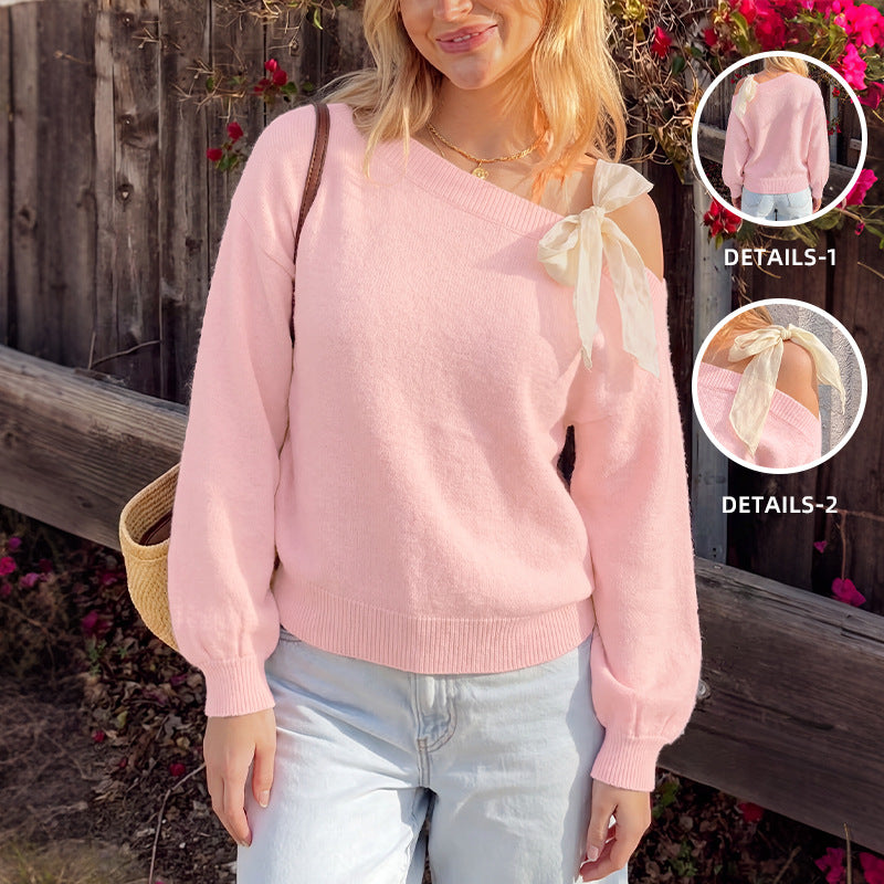 Shoulder tied bow long sleeved women's sweater