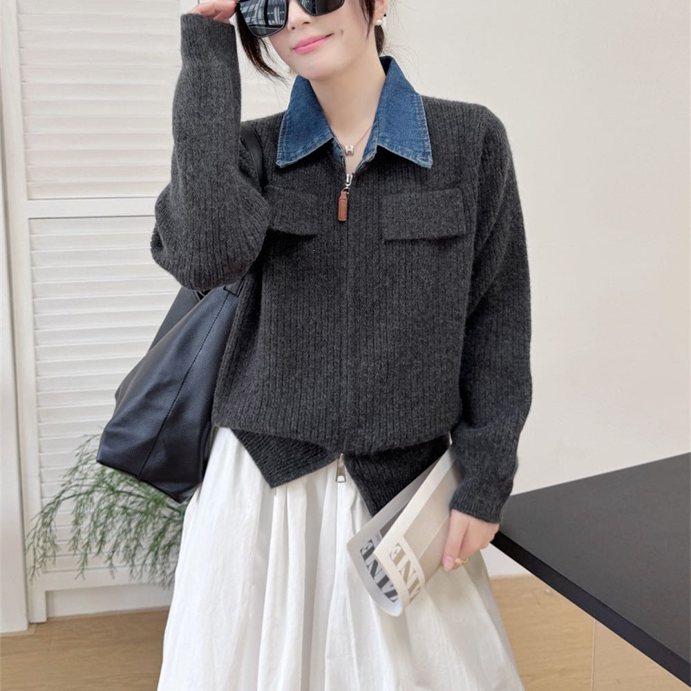 Double zipper knitted cardigan jacket for women