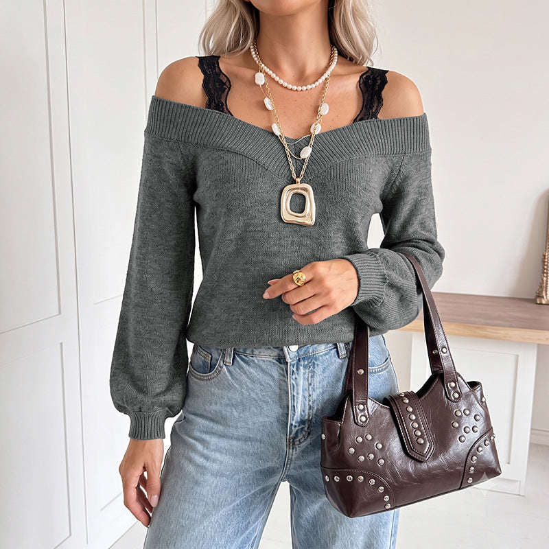 Solid color lace patchwork one shoulder waist sweater