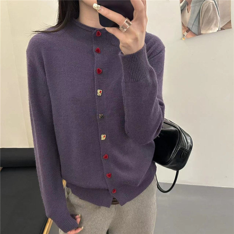Half high neck chic heart button knit cardigan for women