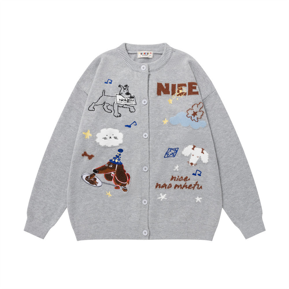 Cartoon jacquard collarless sweater jacket