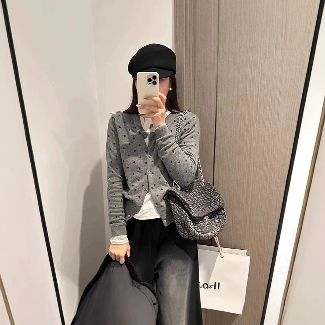 Grey polka dot knitted cardigan for women