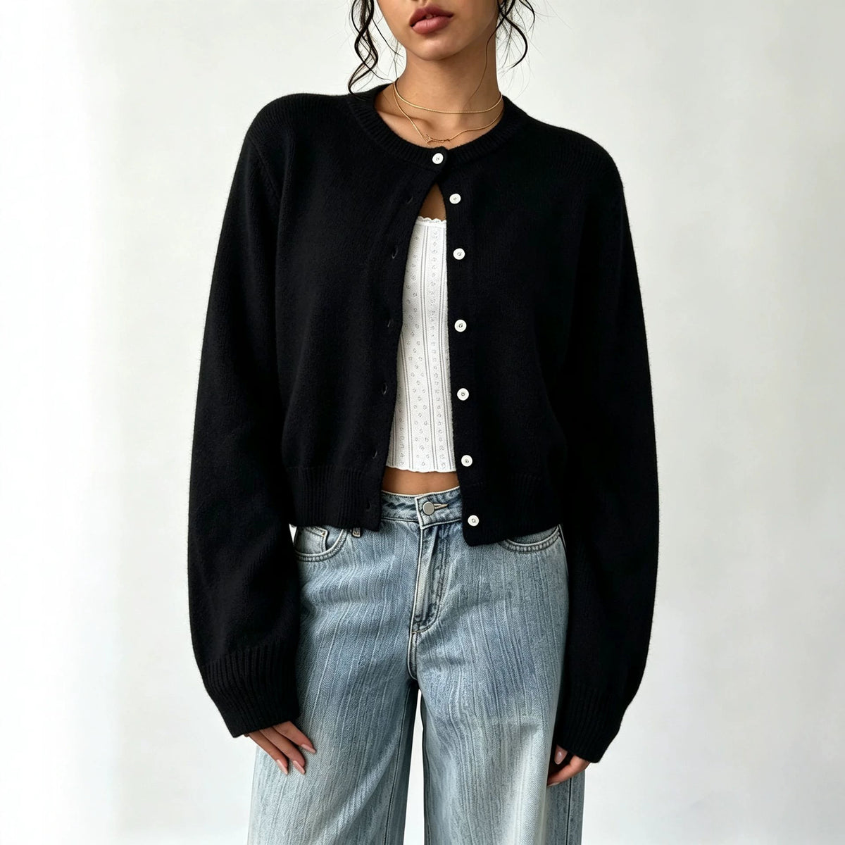 Round neck threaded long sleeved button women's knitted cardigan jacket