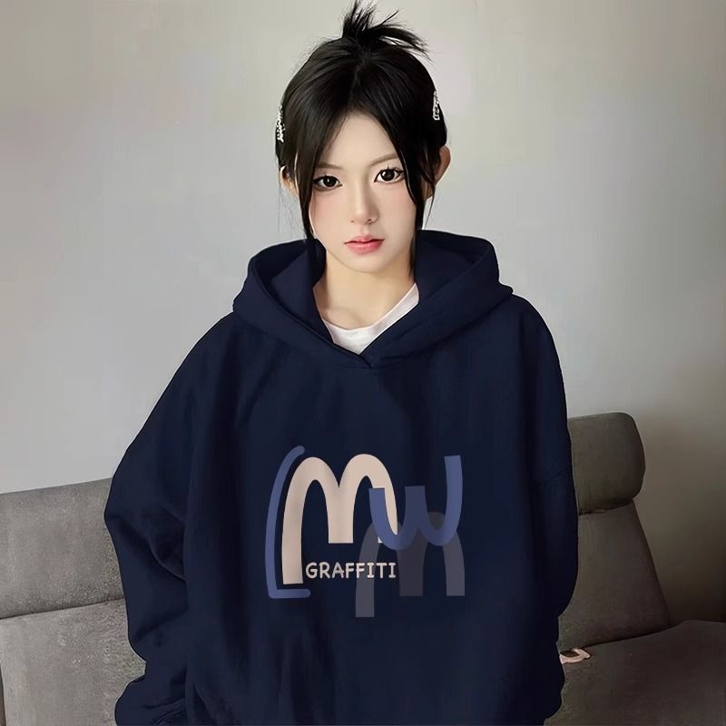 Chic Hooded Sweatshirt for Women with Letter Print, Loose Fit, Thick Fleece Lined