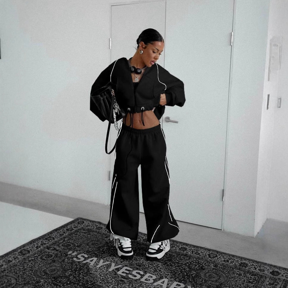 Women's Color-Block Hooded Zip-Up Set | Loose Straight-Leg Pants