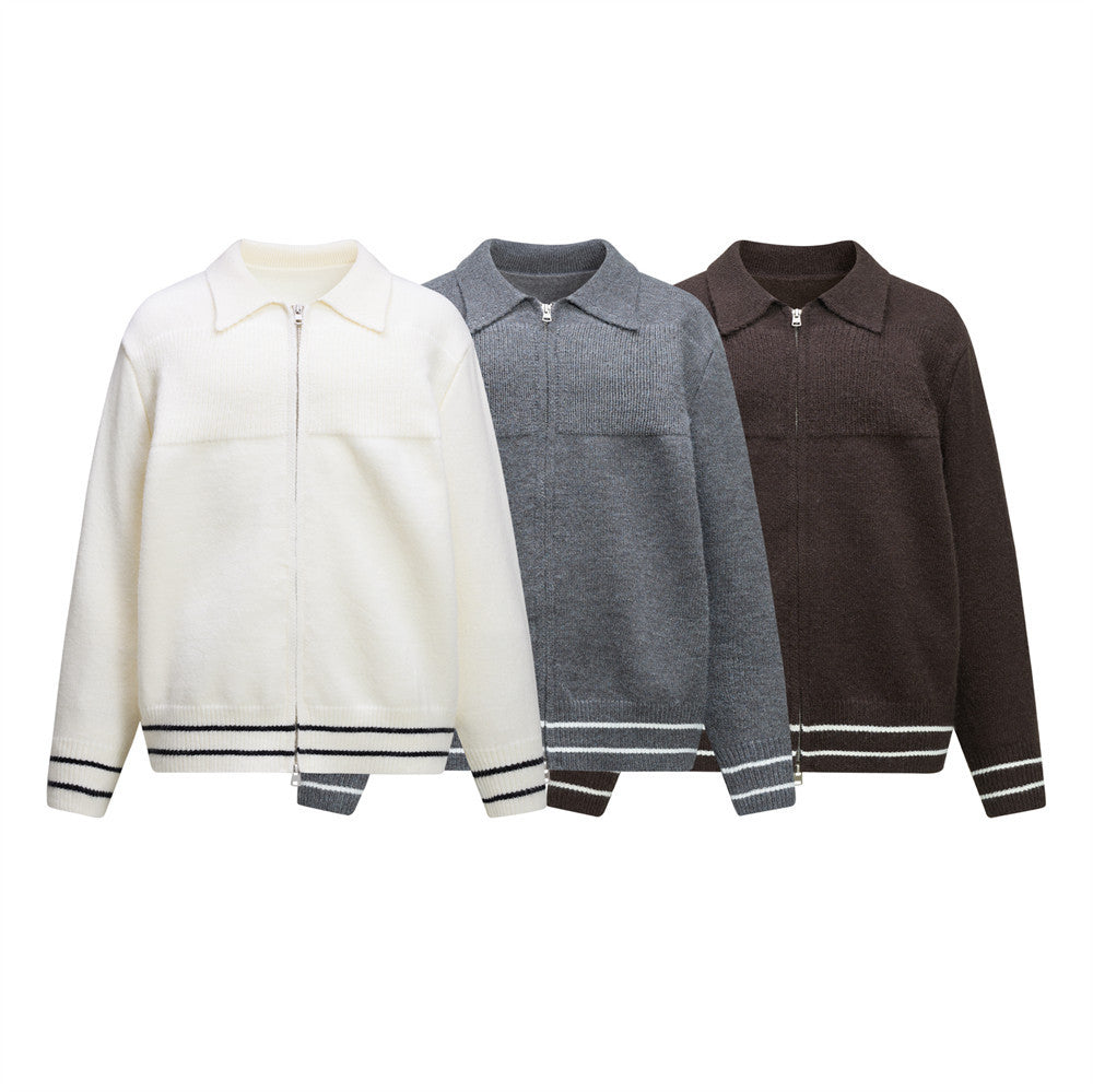 Men's collar double zipper cardigan sweater