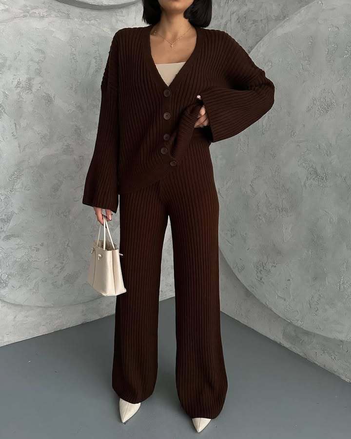 Casual Women's Solid Color Long Sleeve Buttoned Cardigan and Pants Set
