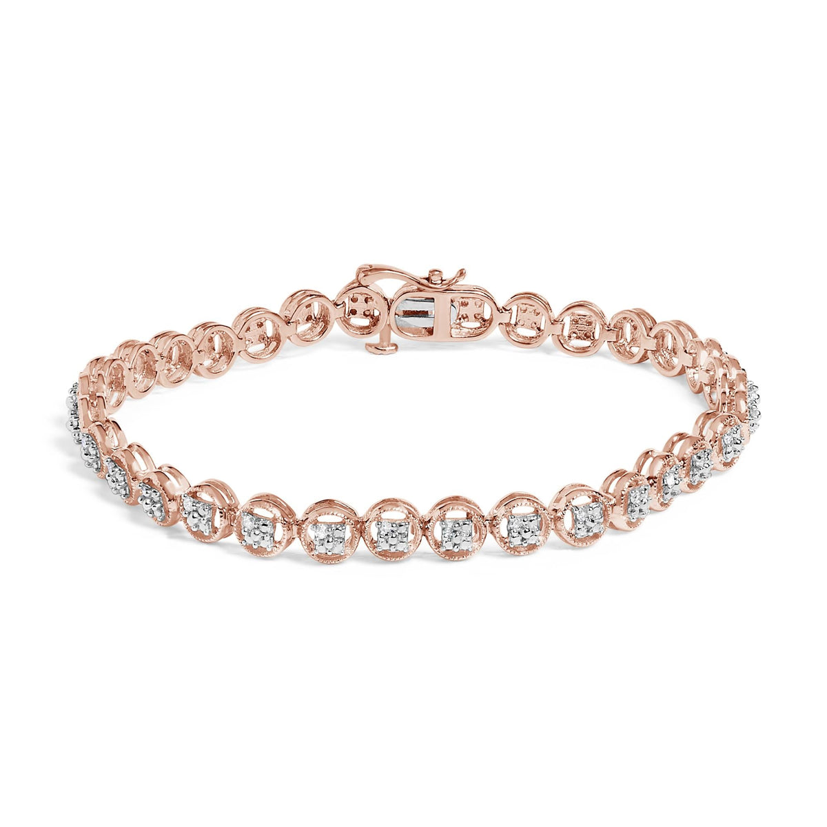 .925 Sterling Silver 1/10 Cttw Diamond Open Circle Beaded Wheel Link Tennis Bracelet (I-J Color, I3 Clarity) - 7.25"