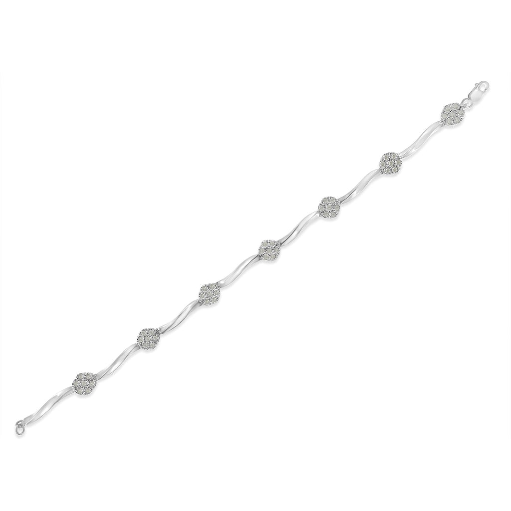 .925 Sterling Silver 1/4 Cttw Diamond Cluster Miracle-Set Station & Twisted Bar 7" Tennis Bracelet (H-I Color, I2-I3 Clarity)