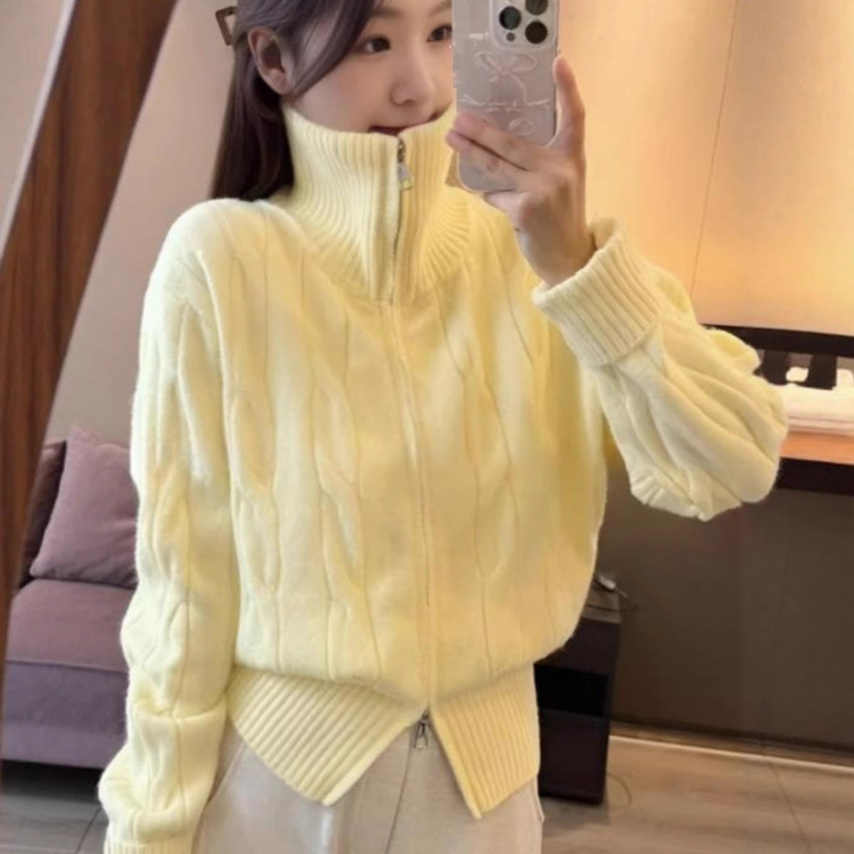 High neck double zipper sweater jacket for women