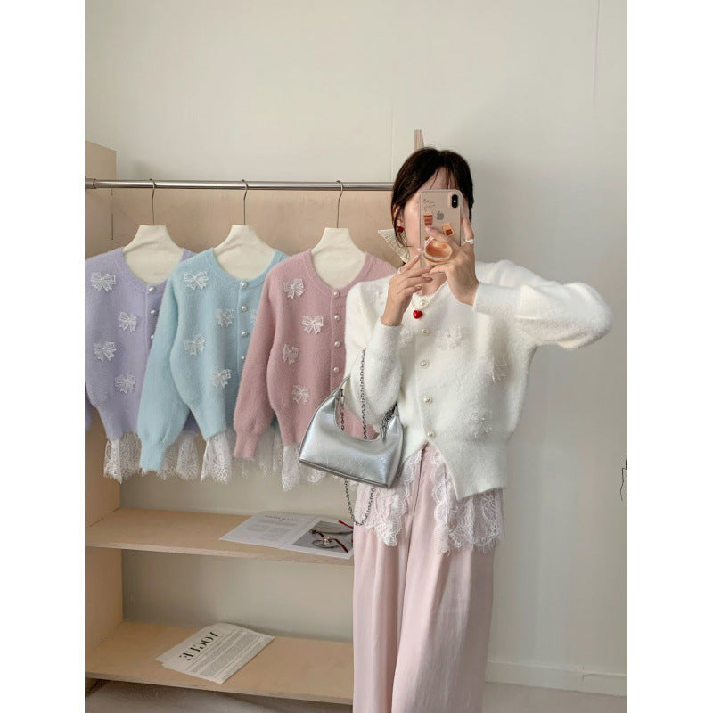 Gentle Style Elegant Embellished Bow Knit Cardigan for Women Sweater Coat