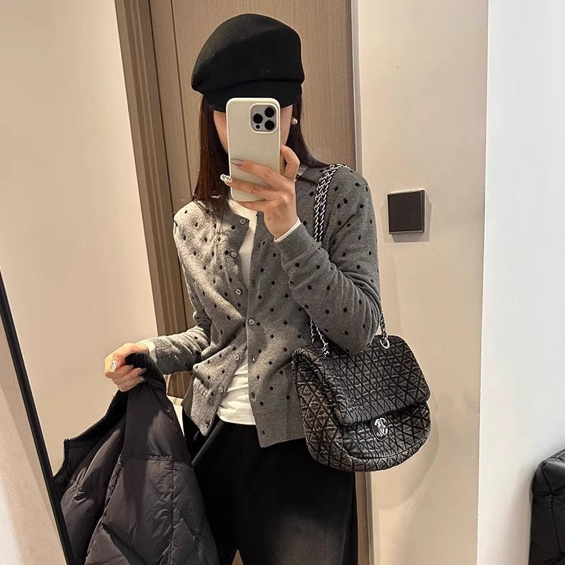 Grey polka dot knitted cardigan for women
