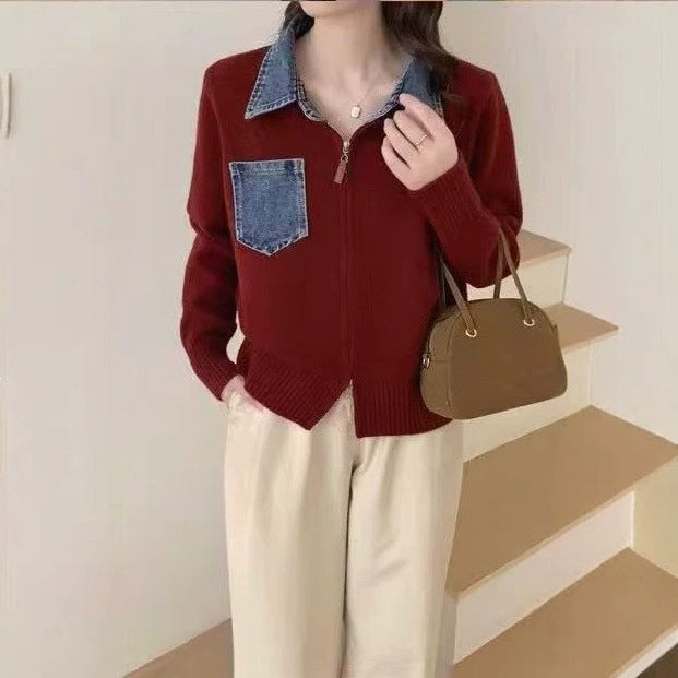 Collar denim patchwork fake two-piece knitted cardigan jacket
