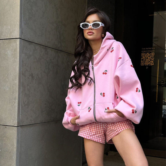 Cherry Print Hoodie Coat Street Style oose Versatile Sporty Hoodie