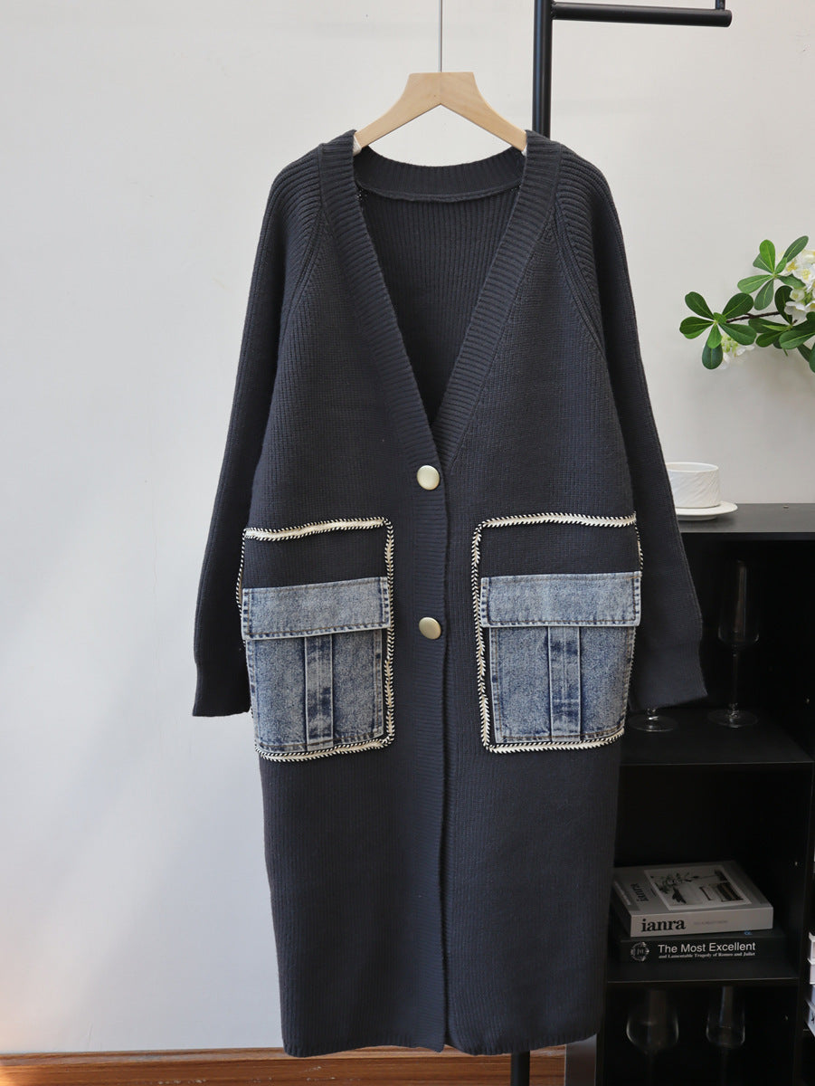 Long spliced denim pocket sweater