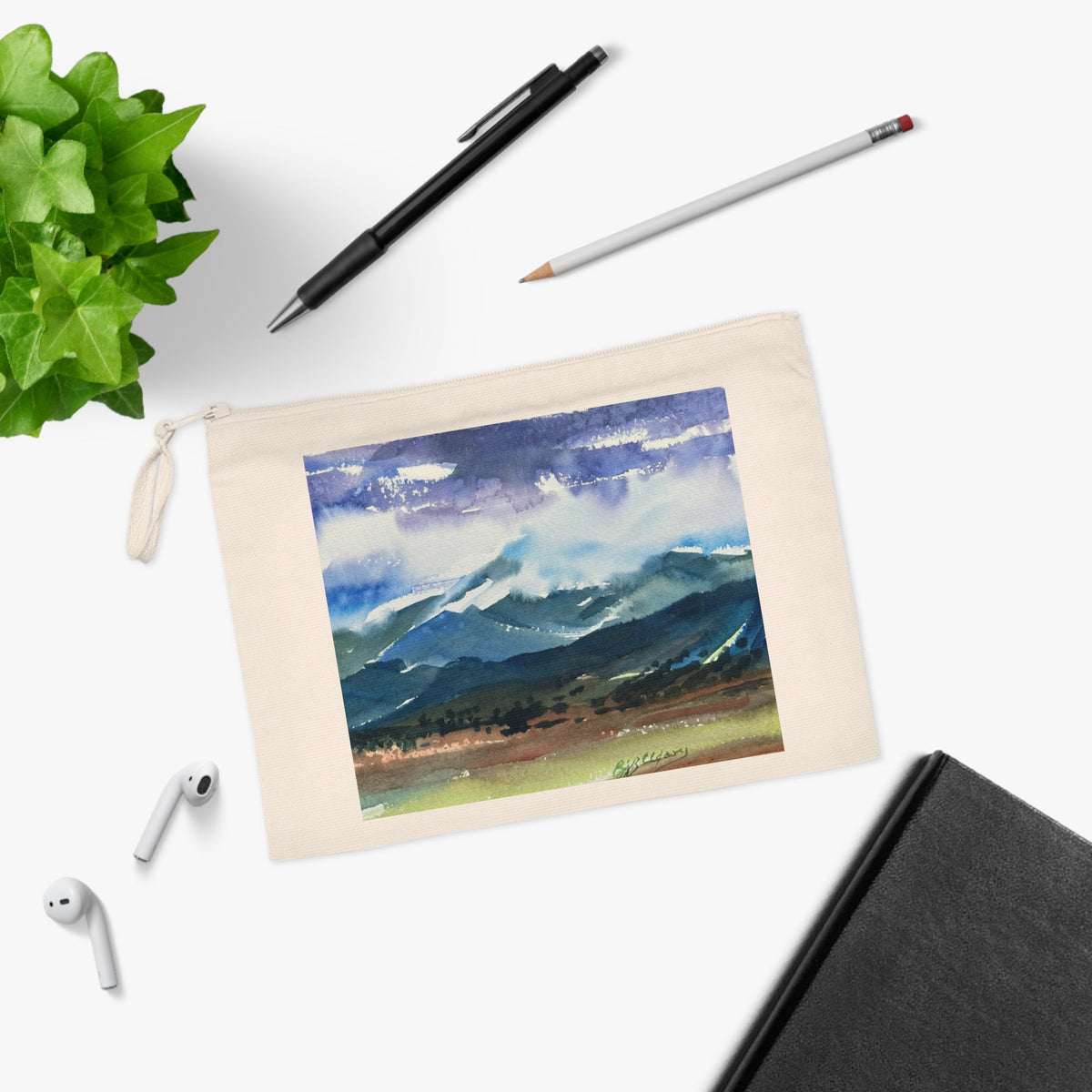 Eco-Friendly Pouch with 'Tranquil Mountain View 3'  I Original Artwork by American Artist Barbara Cleary