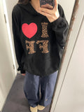 Hoodie with Leopard Print, Heart and Letter Pattern, Loose Fit, Pullover, Casual, Lazy Style