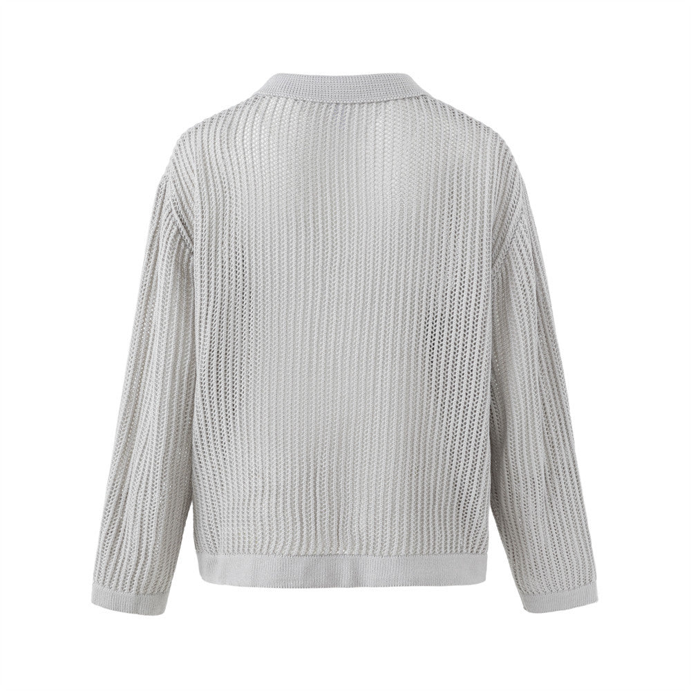 Jacquard hollowed out lapel long sleeved knitted sweater