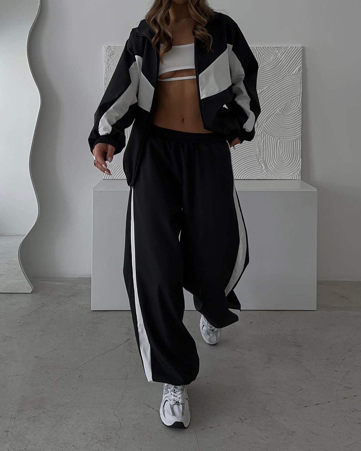 Women's Casual Outfit Loose Color-Block Long Sleeve Zip-Up Cardigan Color-Contrast Top and Pants Tracksuit
