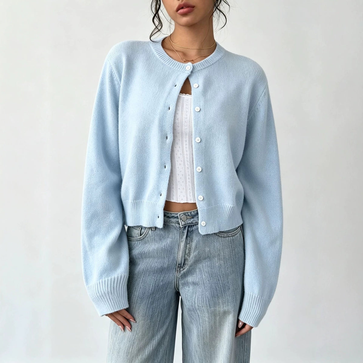 Round neck threaded long sleeved button women's knitted cardigan jacket