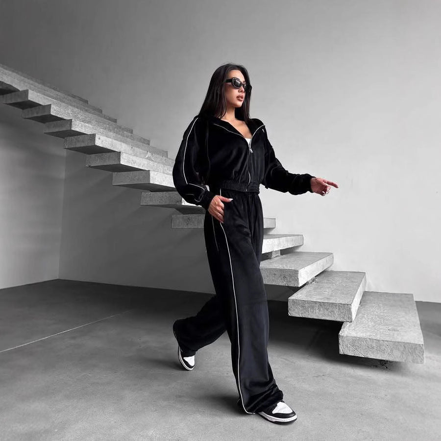 Set with Stripe Hooded Zip-Up Jacket and Tie-Waist Wide-Leg Pants for Women