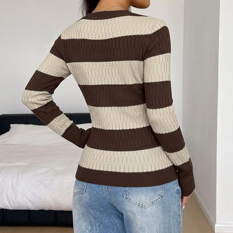 Striped long sleeved waist cinching sweater for women