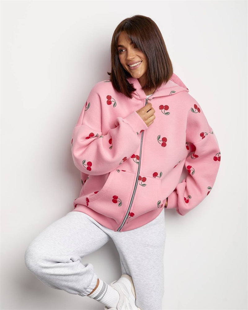 Cherry Print Hoodie Coat Street Style oose Versatile Sporty Hoodie
