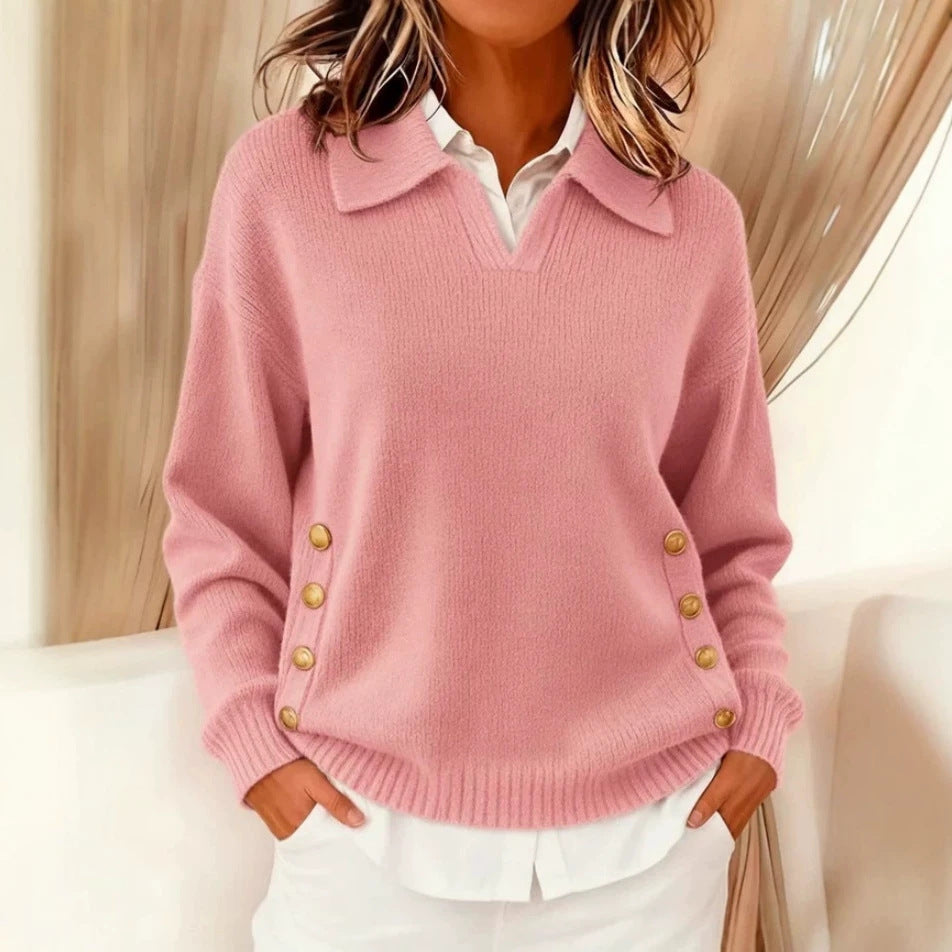 Casual lapel button lapel solid color knitted sweater for women