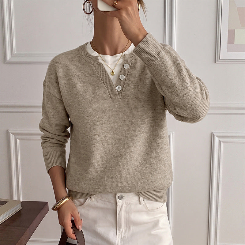 Loose V-neck fake two sweaters for women