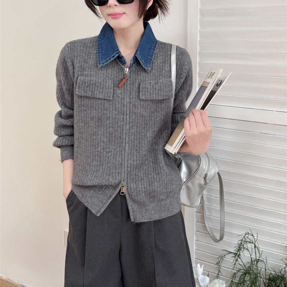 Double zipper knitted cardigan jacket for women