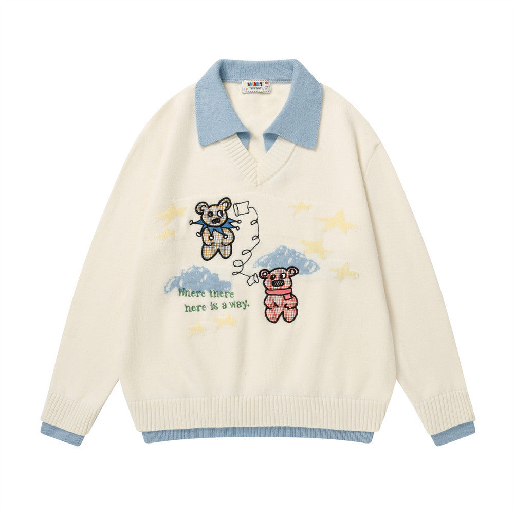 Cartoon Embroidery Fake Two Piece Color blocked Collar Sweater