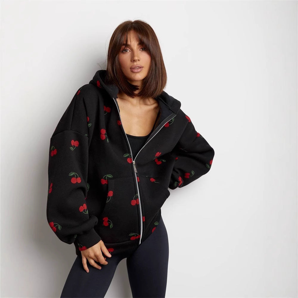 Cherry Print Hoodie Coat Street Style oose Versatile Sporty Hoodie