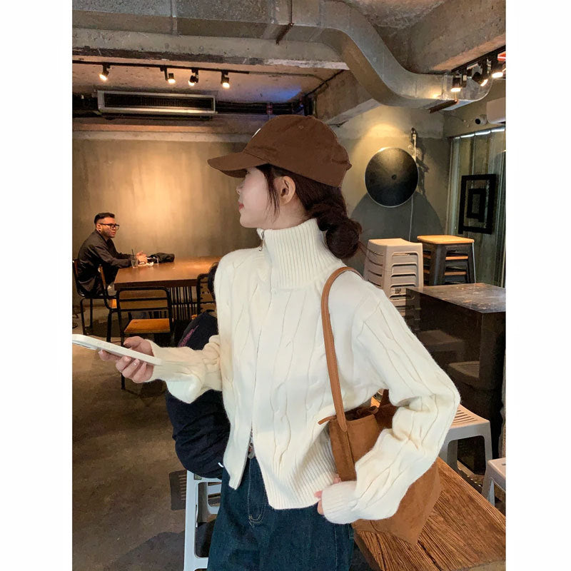 Lazy double zipper high neck sweater jacket for women