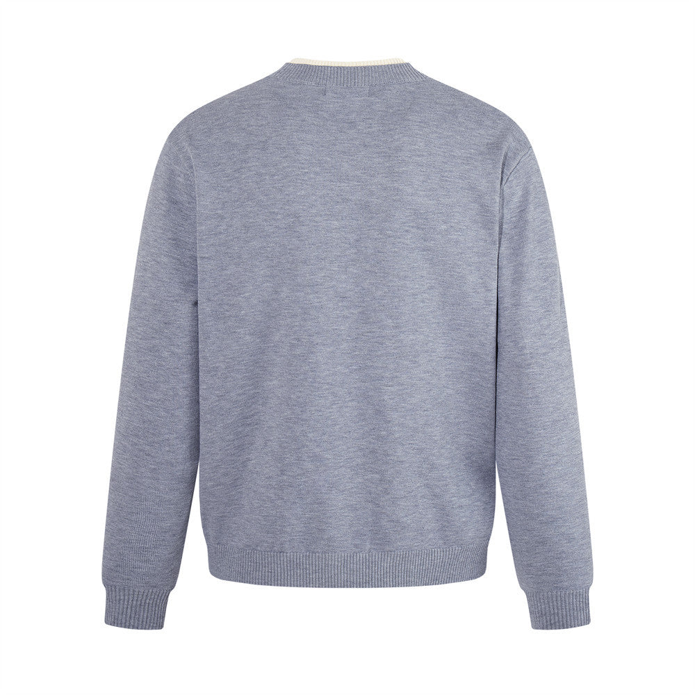 Color blocked V-neck fake two piece long sleeved knitted sweater