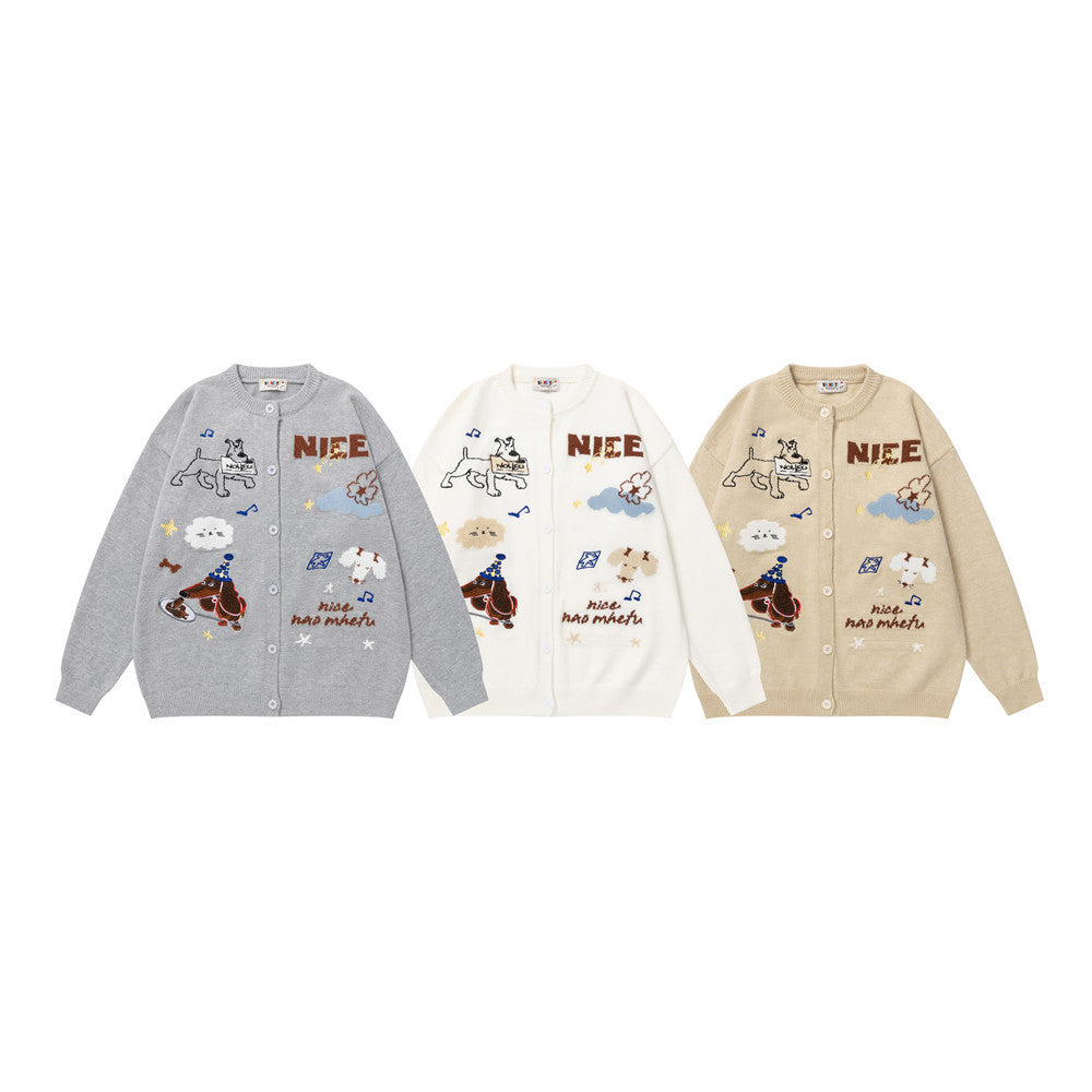 Cartoon jacquard collarless sweater jacket