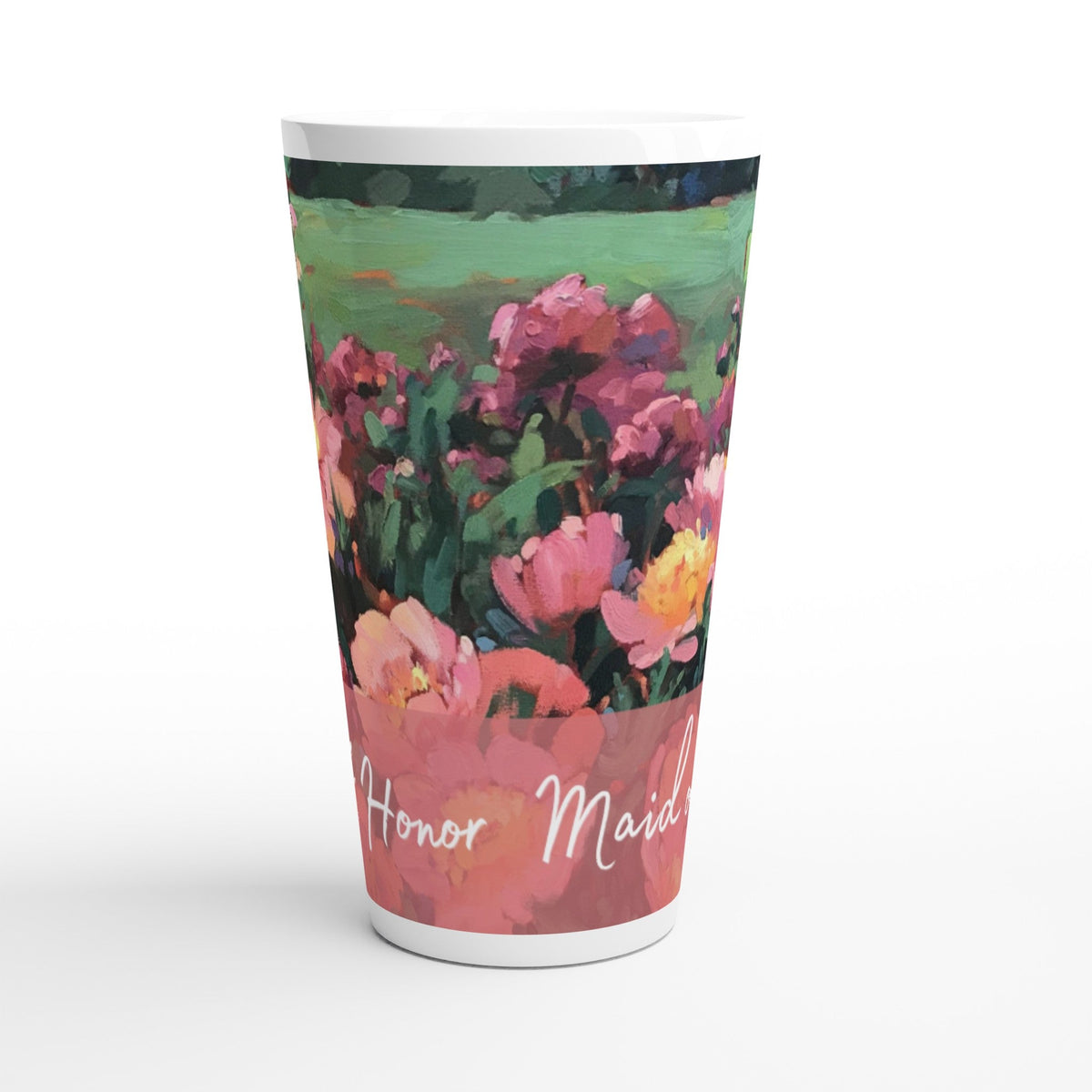 'Maid of Honor' 17oz White Ceramic Latte Mug | Bridal Collection with 'Pink Princess' Artwork by American Artist Barbara Cleary