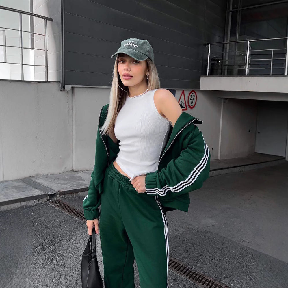 Sporty Casual Hooded Jacket Loose Color-block Striped Wide-leg Pants Two-piece Set for Women
