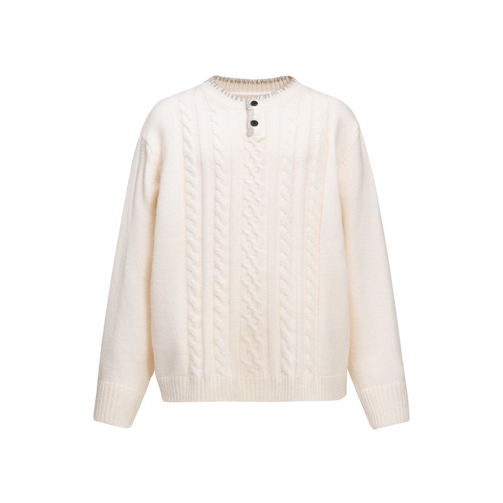 Button half open neck round neck sweater