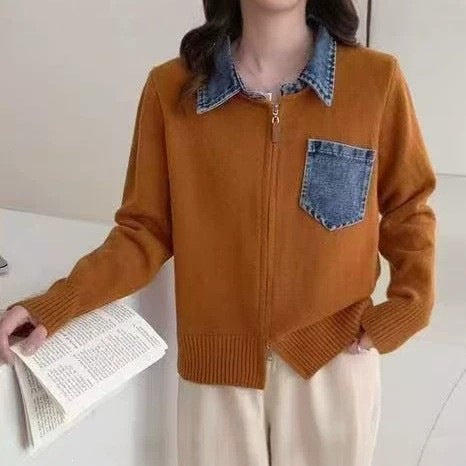 Collar denim patchwork fake two-piece knitted cardigan jacket