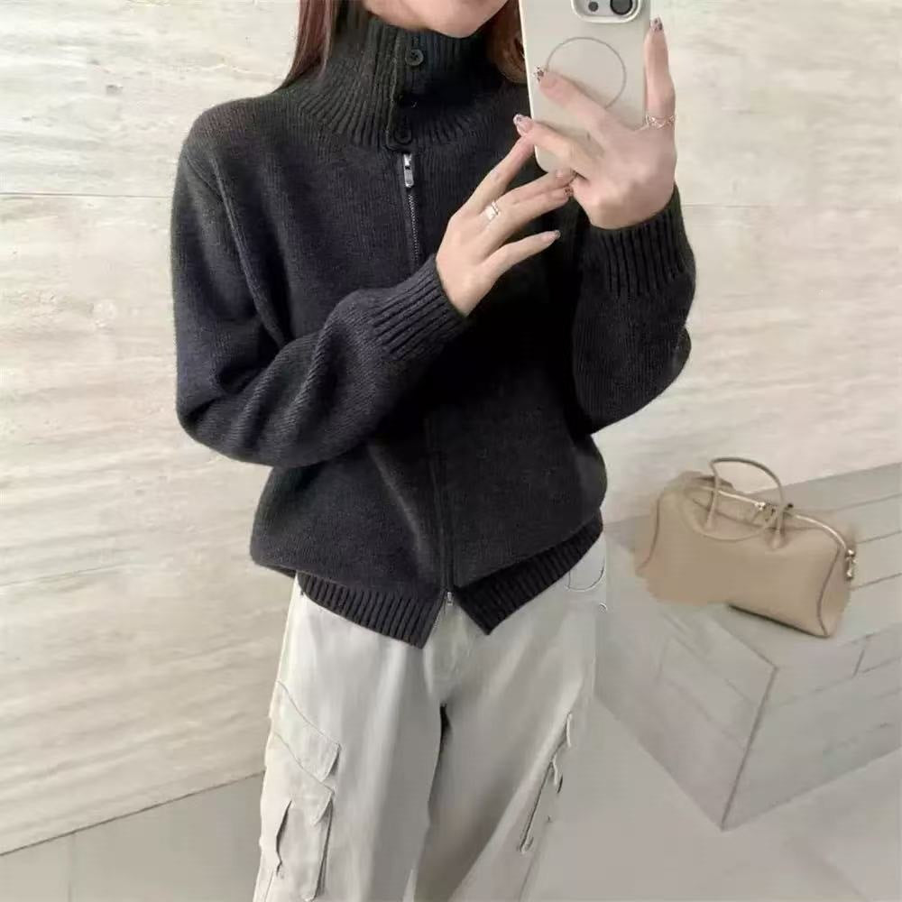 High neck pit striped sweater women's double zipper knitted cardigan