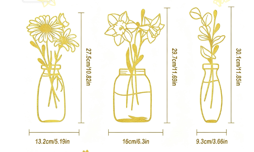 Three piece metal flower wall decoration flower black flower bottle minimalist art wall decoration living room bathroom home bed