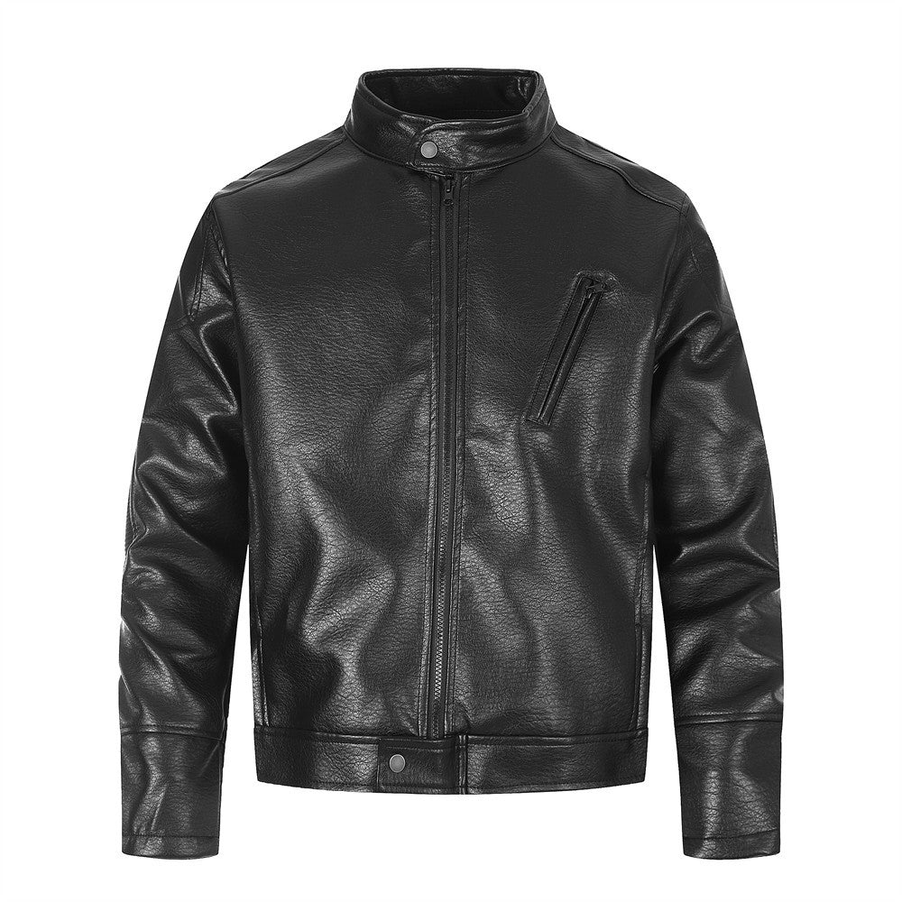 Solid color stand up collar PU leather jacket