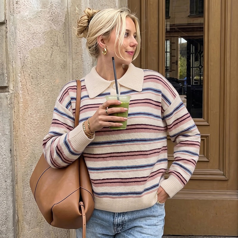Striped Polo collar long sleeved sweater for women