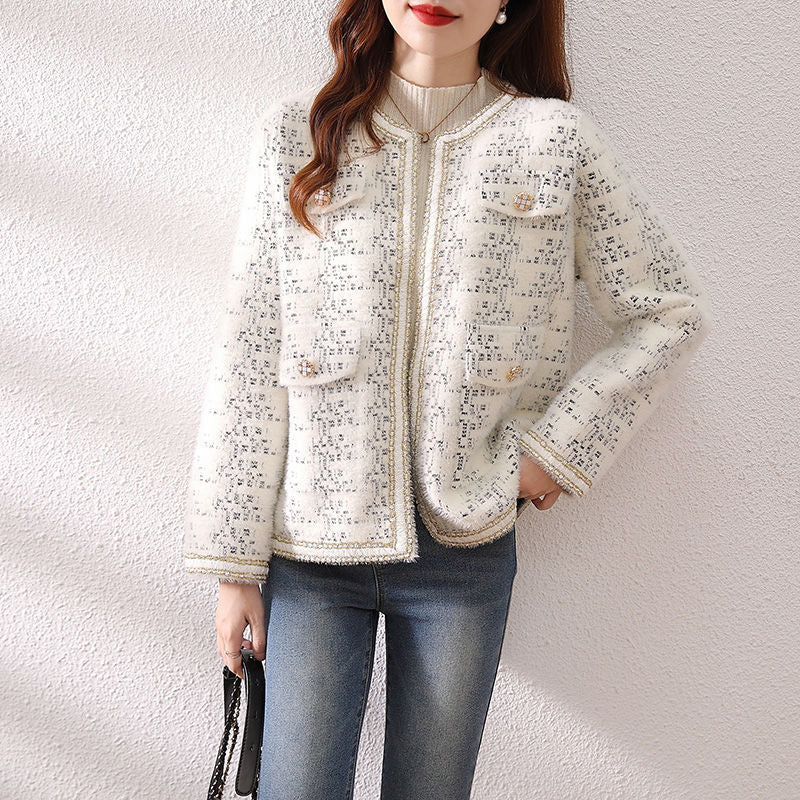 Round neck mink fur sweater jacket for women